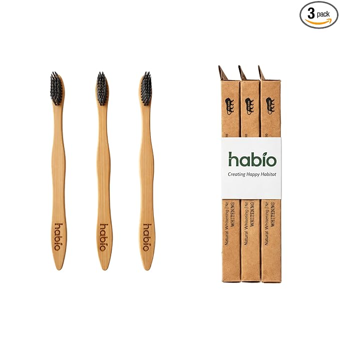 HABIO Bamboo Toothbrush – Soft Charcoal Bristles (Pack of 3)